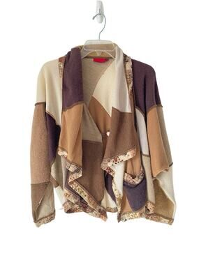 Sarrahna Wool Boho Open-Front Women’s Sweater Cardigan Brown Cream small flaw